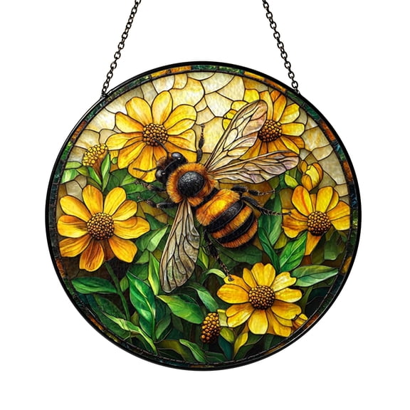 Artistic Fantasy Bee Stained Glass Suncatcher Window Decor, Botanical Hanging Art, Decorative Glass Panel with Insect Motif