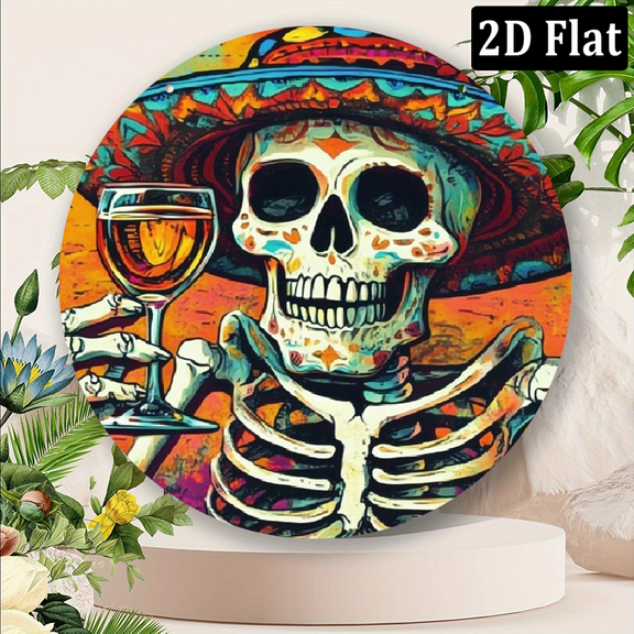 Artistic Flair, Vintage Metal Wall Art - Circular Aluminum Skeleton with Wine Glass Design, Colorful Retro Decor for Bedroom, Living Room, Bar, Coffee Shop, Garage - Ideal Gift 8*8inch