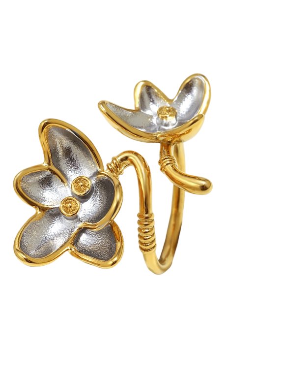 Artistic Floral Adjustable Rings Two Tone Stainless Steel Allergy Proof Jewelry Artistic Open Rings Gift