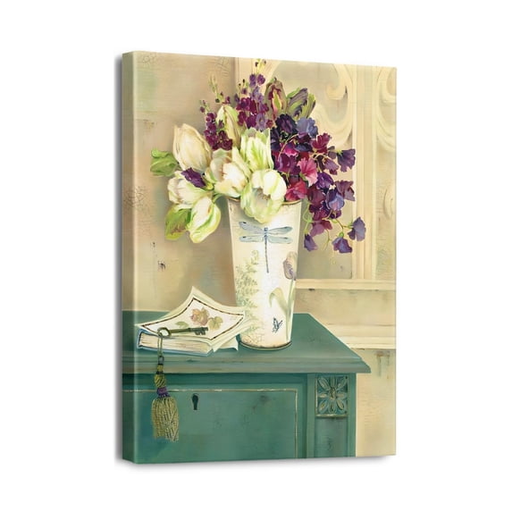 Artistic Floral Bathroom Decor Wall Art 12X16inch Blue-White Canvas Prints of Farmhouse Flowers with Pink Poppy Vase & Bath Towel, Framed Artwork Perfect for Bedroom Enhancement