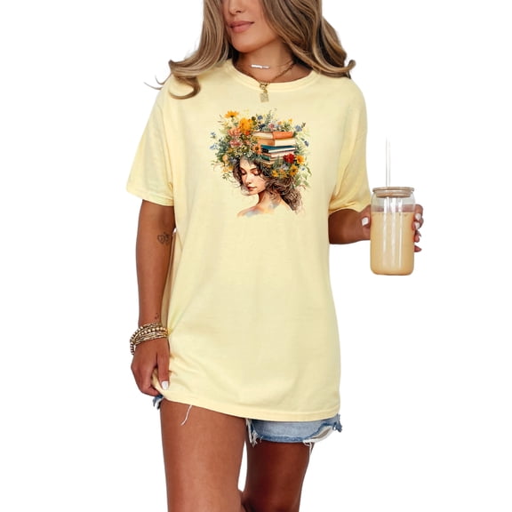 Artistic Floral Book Lover T-Shirt, Books and Flowers Graphic Tee, Unique Gift for Readers, Literary Art Shirt, Beautiful Nature Design, Butter Comfort Colors T-Shirt, Small