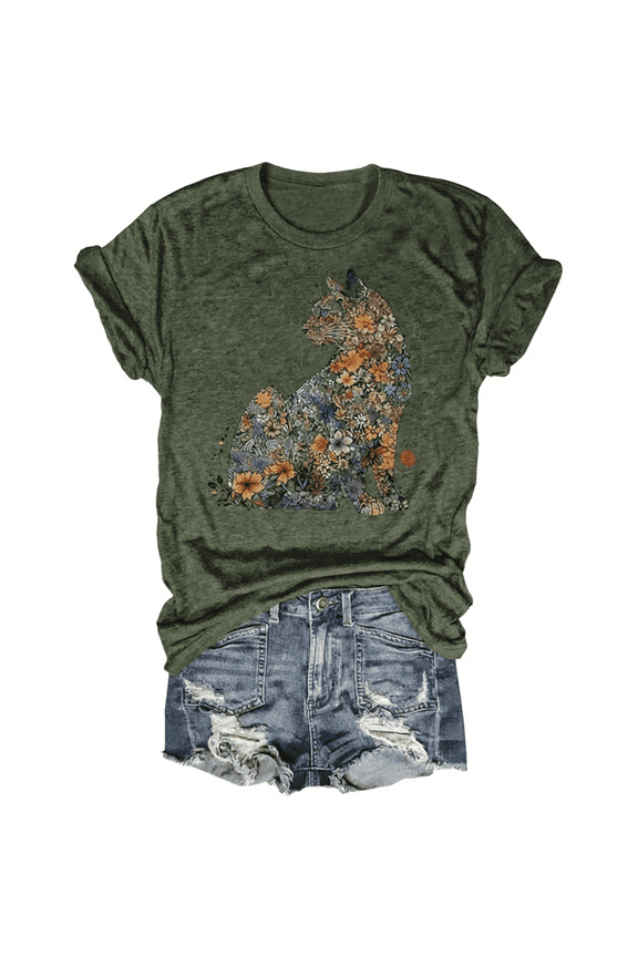 Artistic Floral Cat Womens T Shirts, Summer Boho Tops for Women(Green,M)
