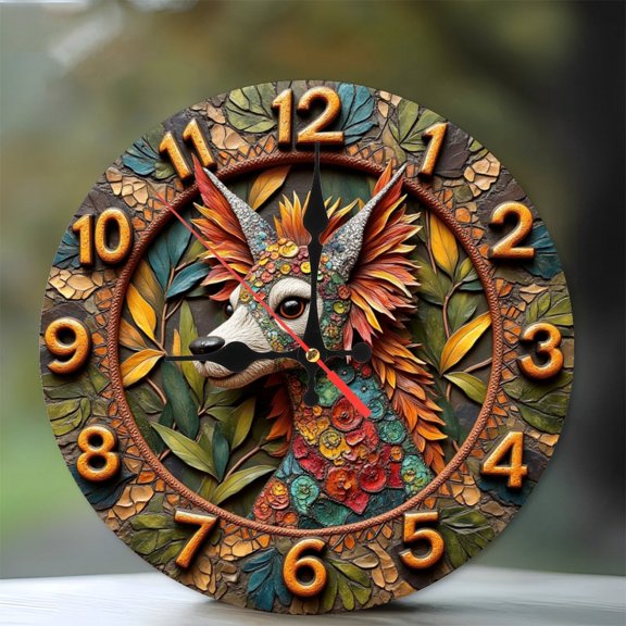 Artistic Floral Deer Clock Wall Decor 10-Inch Silent Wooden Wall Clock, Battery Operated (AA Batteries Not Included), Artistic Home Decor