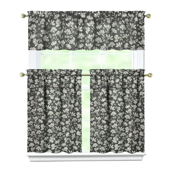 Artistic Floral Farmhouse Kitchen Curtains 3-Piece Set Semi-Sheer Panels