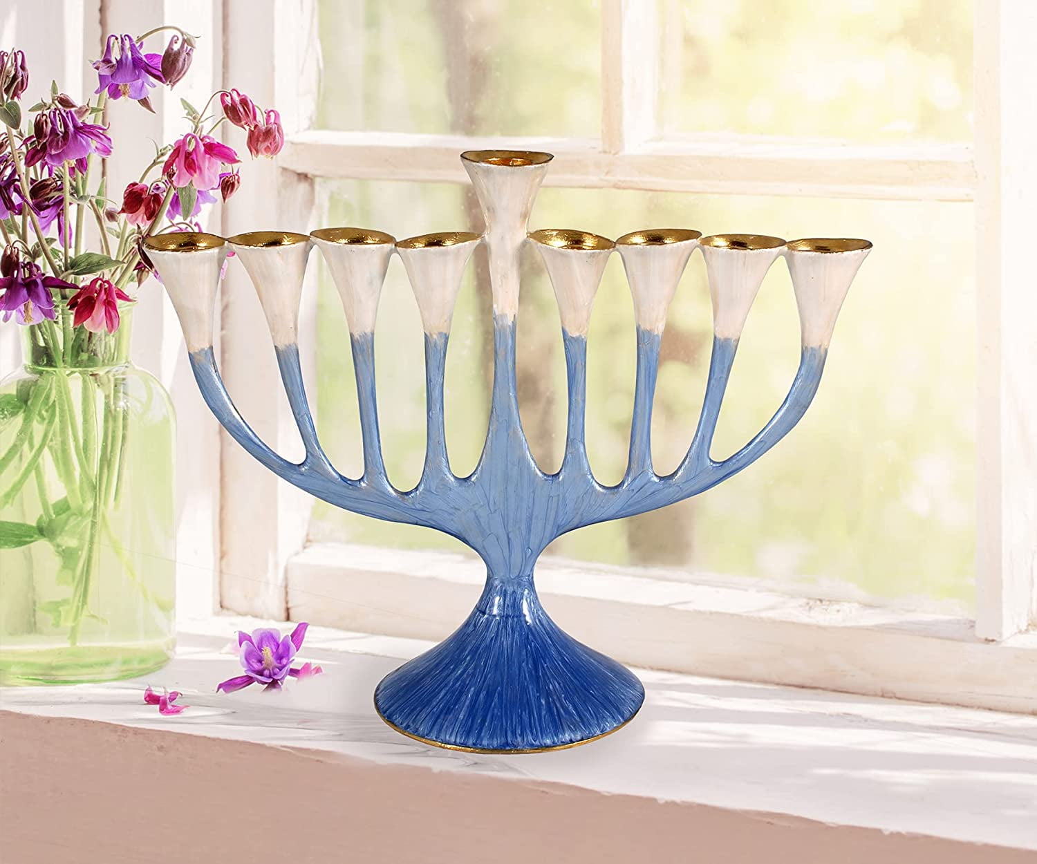 Blue and Gold Enamel Painted Floral Hanukkah Menorah