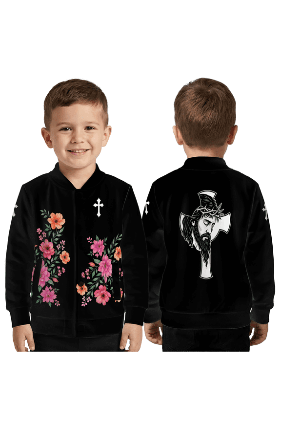 Artistic Floral Jesus Cross Baseball Jacket, Jesus Christ Crucifix Baseball Jacket, Religious Floral Christian Baseball Jacket