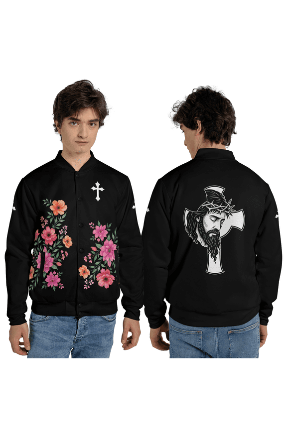 Artistic Floral Jesus Cross Baseball Jacket, Jesus Christ Crucifix Baseball Jacket, Religious Floral Christian Baseball Jacket