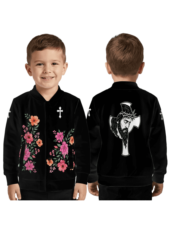 Artistic Floral Jesus Cross Jacket, Jesus Christ Crucifix Baseball Jacket, Religious Floral Christian Outerwear