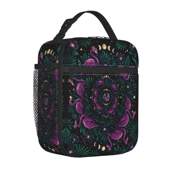 Artistic Floral Lunch Tote – Flamingo & Hibiscus Theme Reusable Thermal Bag, Shoulder Strap Design For Daily Commute And Outdoor Travel