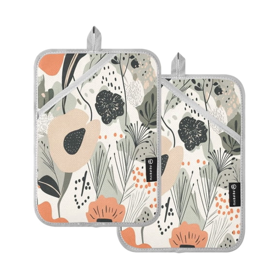 Artistic Floral Pattern 7x9.8in Pot Holder Set Heat-Resistant Oven Hot Pads Durable with Storage Loop