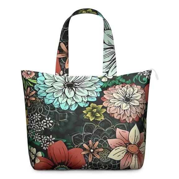 Artistic Floral Print Travel Tote Bag, Spacious Zippered Shoulder Bag with Interior Organization, Ideal for College Students