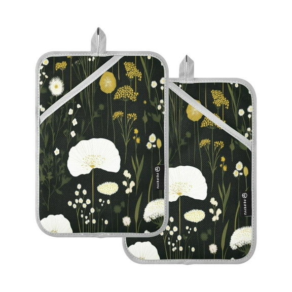 Artistic Flowers Pattern 7x9.8in Pot Holder Set Heat-Resistant Oven Hot Pads Durable with Storage Loop