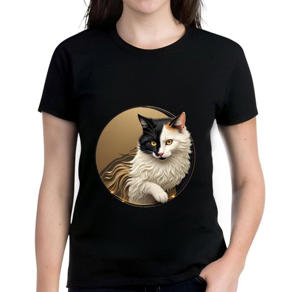 Artistic Fluffy Cat Illustration on Black Cotton Short Sleeve T-Shirt for Women - Design with Golden Background and Striking Colors