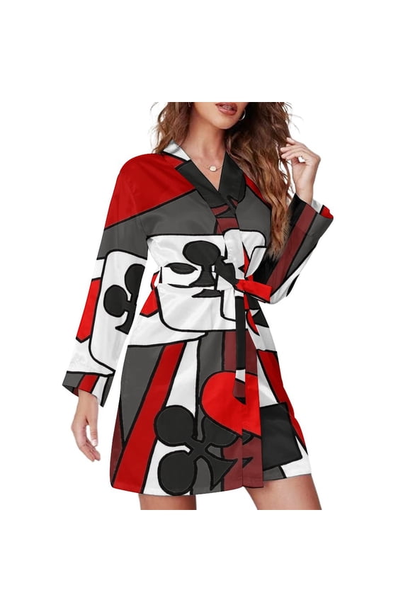 Artistic Fun Playing Cards Abstract Art Night Robe Long Sleeve V Neck Robe With Belt Women's Sleepwear Dresses