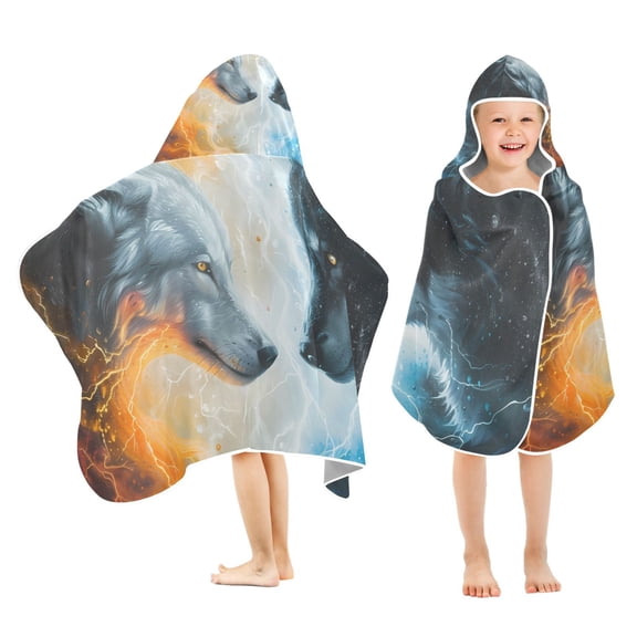 Artistic Funny Wolf Kids Hooded Beach Towel Baby Bath Poncho Towels with Hood Absorbent 50"x23.5" for Pool Swimming