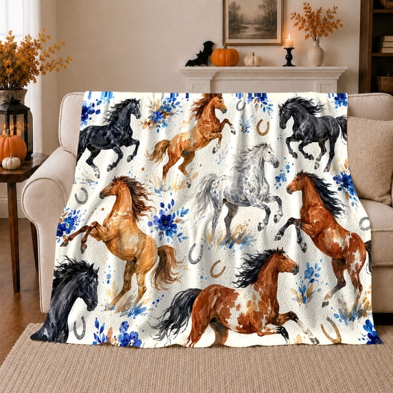 Artistic Galloping Horses Blue Flowers Equestrian Autumn, Rustic Farmhouse Horse Scene, Warm Flannel Blanket for Ranch House and Living Room, Horse Lovers Thanksgiving Gift, Rustic Home Decor