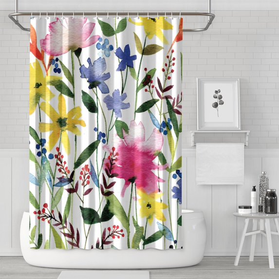 Artistic Garden Floral Shower Curtain – Watercolor Bright Bloom Print, 72x72 Inches