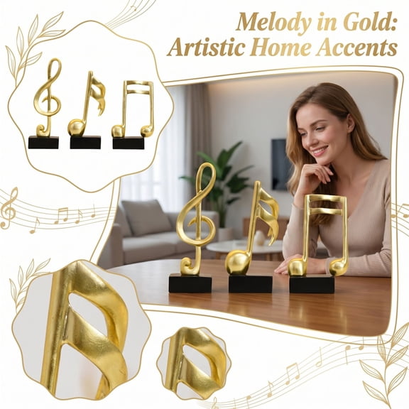 Artistic Golden Treble Clef & Notes Decor, 3-Piece Set With Shiny Metallic Finish For Shelf Mantel Or Desk, Sophisticated Accent For Music Studios Homes A