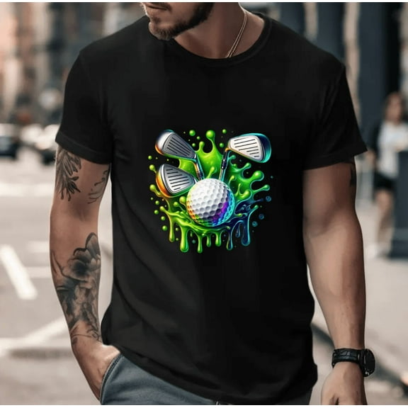 Artistic Golf Ball With Paint Splashes And Colorful Clubs Scene Unisex T-Shirt, up to size 5XL