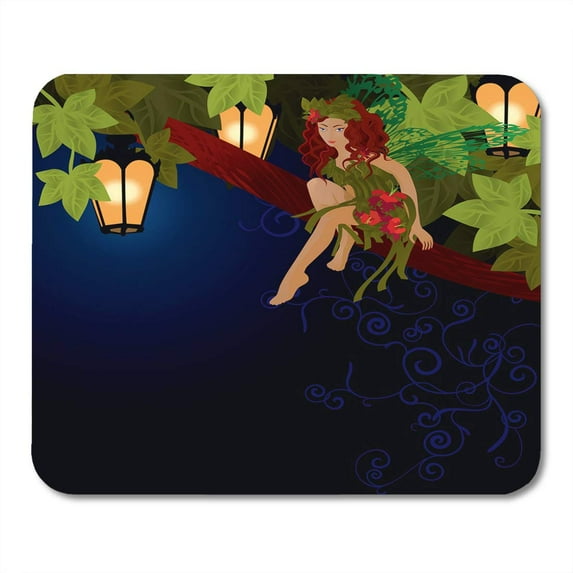 Artistic Green Forest Young Fairy with Butterfly Wings on The Night Tree with Lights Fairytale Beautiful Mousepad Mouse Pad Mouse Mat 9x10 inch