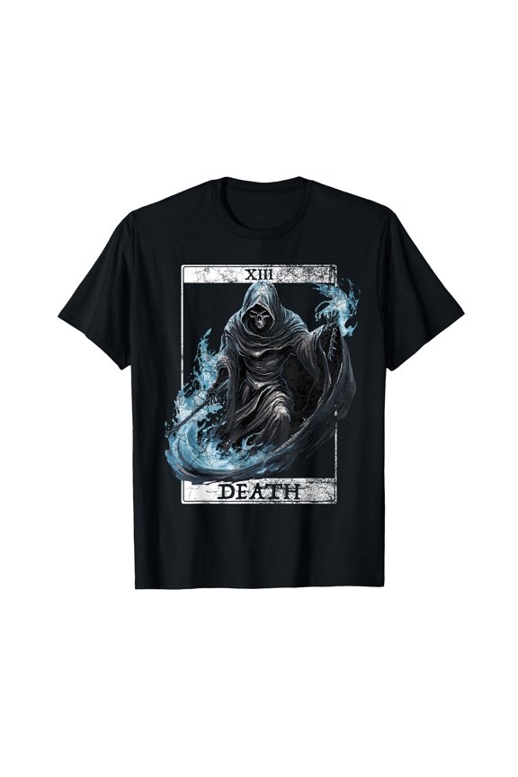 Artistic Grim Reaper Graphic T-Shirt with Swirling Blue Flames for Occult Enthusiasts
