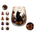 thumbnail image 1 of Artistic Halloween Black Cat Stemless Wine Glasses,4.2*2.7 Inch Witch Themed Glassware Collection, Novelty Spooky Gold Rim Drinking Cups for Cocktails Juice Iced Coffee, Gift for Halloween Fans, 1 of 4