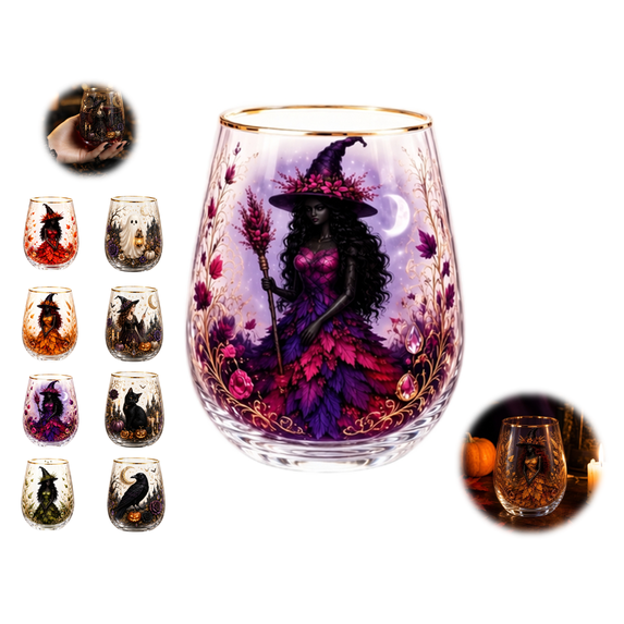 Artistic Halloween Midnight Witch Stemless Wine Glasses,4.2*2.7 Inch Witch Themed Glassware Collection, Novelty Spooky Gold Rim Drinking Cups for Cocktails Juice Iced Coffee, Gift for Halloween Fans