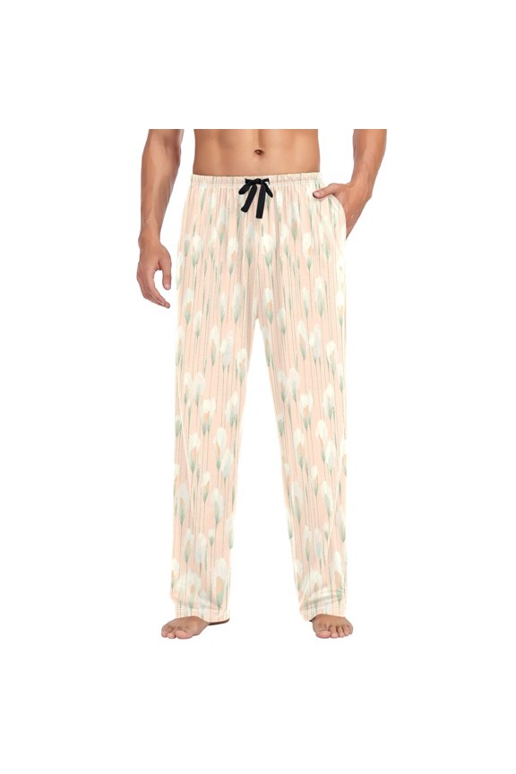 Artistic Hand Drawn Flowers Mens Cotton Pajama Pants Long Staple Lightweight Sleep Bottoms with Pockets Breathable