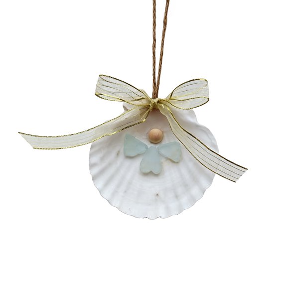 Artistic Handmade Sea Glass Angelic Ornament With Shell And Beads Ribbon Bowknot Wall Pendants Coastal Decors