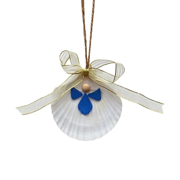 Artistic Handmade Sea Glass Angelic Ornament With Shell And Beads Ribbon Bowknot Wall Pendants Coastal Decors