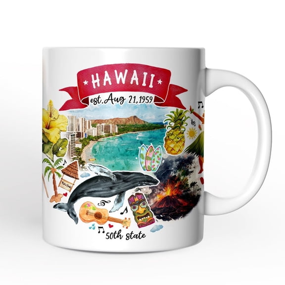 Artistic Hawaii State Themes and Landmarks Personalized Mug With Custom Name