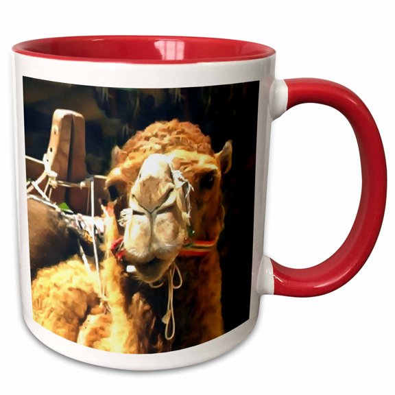 3drose, Artistic Head Portrait of a Touristic Camel Wearing Bridle and Saddle, 11oz Two-tone Red Mug