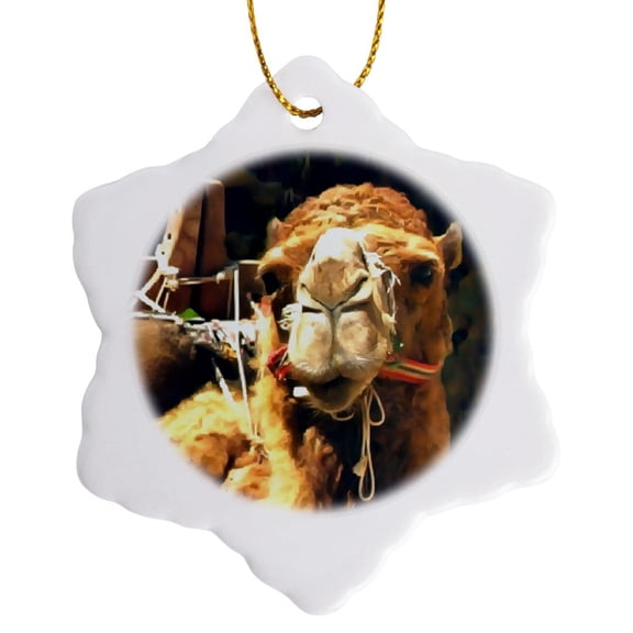 3drose, Artistic Head Portrait of a Touristic Camel Wearing Bridle and Saddle, 3 inch Snowflake Porcelain Ornament