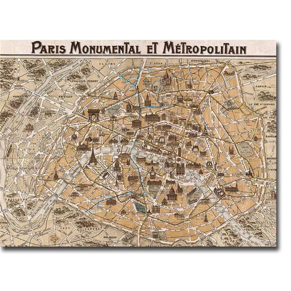 Artistic Home Gallery 1216A483SAG Paris Monumental et Metropolitain 1932 map by Anonymous Premium Gallery-Wrapped Canvas Giclee - 12 x 16 x 1.5 in.