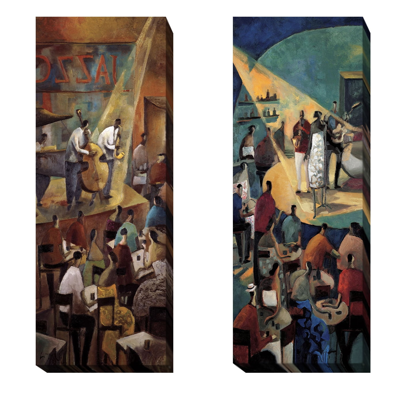 Large Jazz Club Scene Canvas Art Set in Warm and Cool Tones