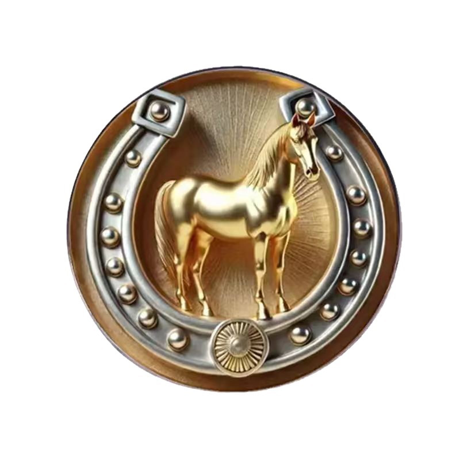 Artistic Horseshoe Brooch Featuring Golden Horse Head Sun Halos