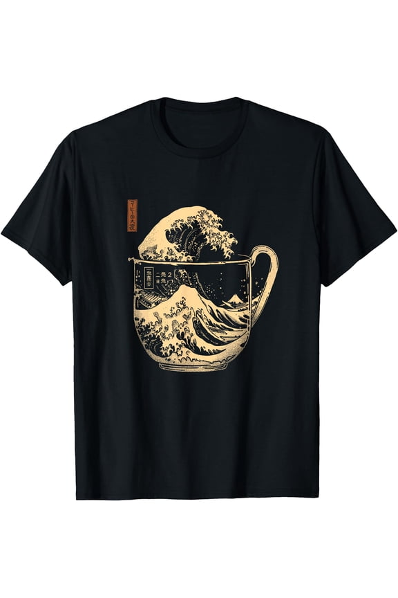 Artistic Japanese Wave & Mountain Coffee Cup Graphic T-Shirt for Unique Style