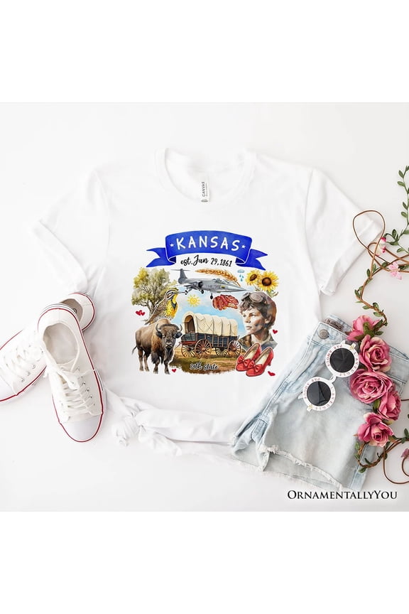 Artistic Kansas State Themes and Landmarks T-Shirt, Tee for History and Travel Lovers
