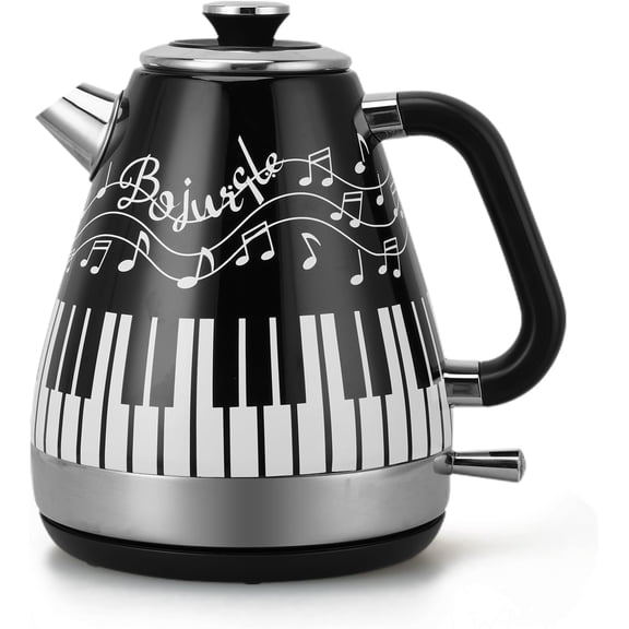 Artistic Kettle with Hand-Applied Piano and Music Note Stickers - 1.7L Stainless Kettle with , , 1200W Boil, Shut-Off and Boil-Dry Protection