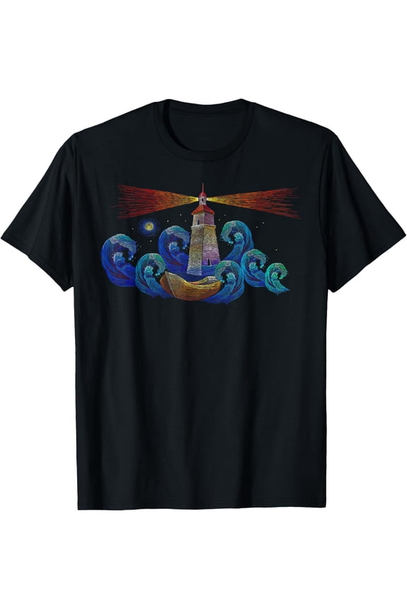 Artistic Lighthouse Night Sky Boat and Sea Nautical T-Shirt men and women can wear, black, white, gifts.