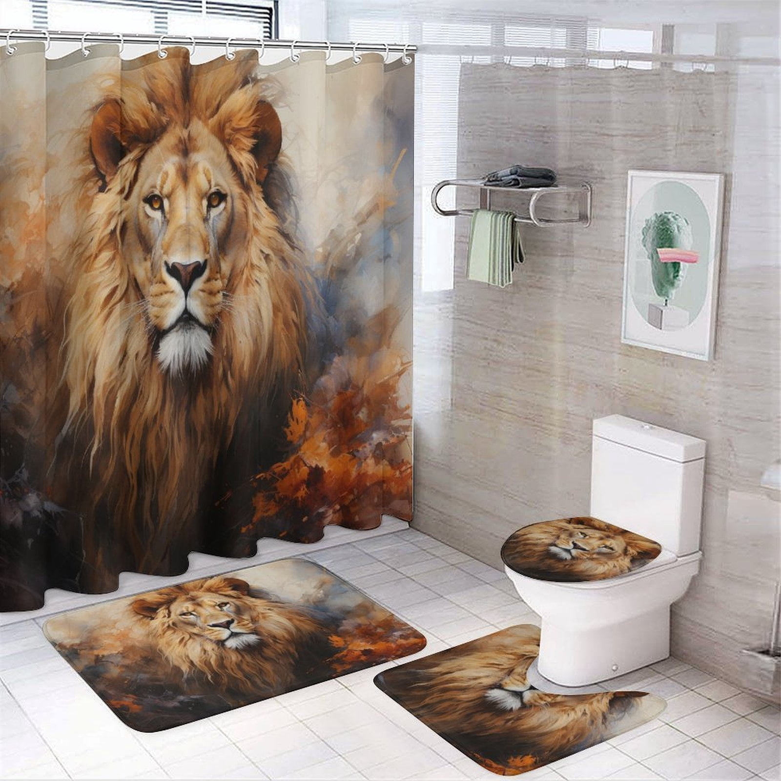 Artistic Lion Face 4 Pcs Shower Curtain Sets with Rugs Include Waterproof Shower Curtain Non-Slip Rug Toilet Lid Cover Bath Mat Wild Animal Lion Head Waterproof Fabric Bath Curtain for Bathtub Decor