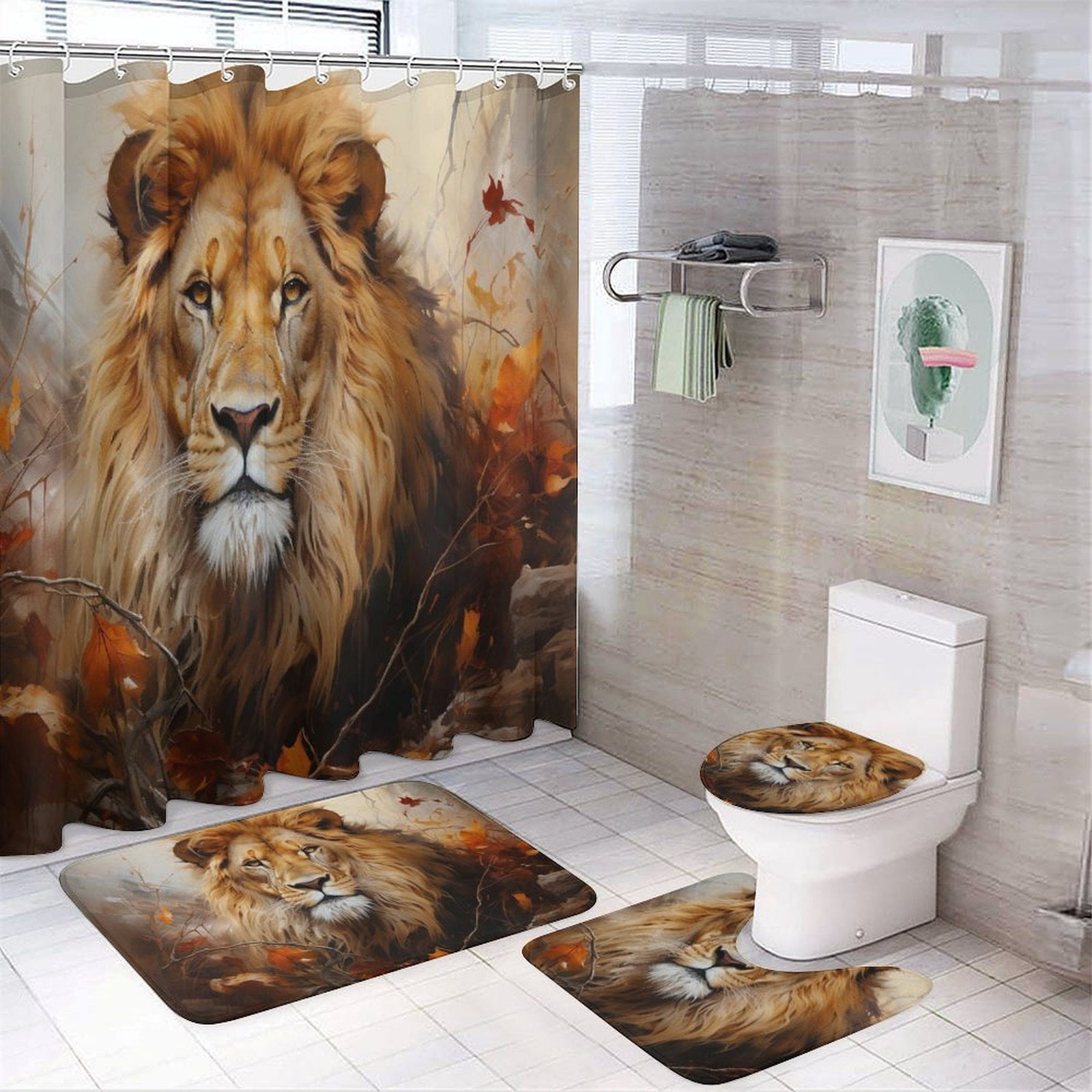 Artistic Lion Face 4 Piece Bathroom Rug Set with Shower Curtain with Rugs Toilet Lid Cover And Bath Mat Wild King Animal Waterproof Shower Curtain for Bathroom Decor
