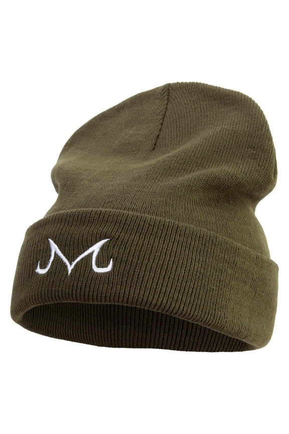 Artistic M Icon Embroidered 12 Inch Long Knitted Beanie - Olive OSFM