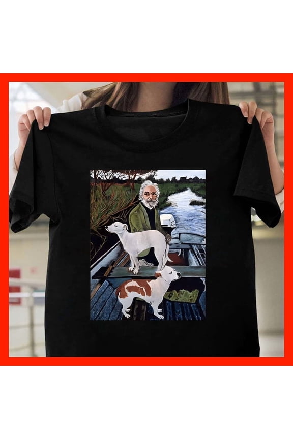 Artistic Man and Dogs in Boat T-Shirt, Serene River Scene Graphic Tee, Animal Lover Gift T913, for men and women, Extended Sizes Up to 5XL