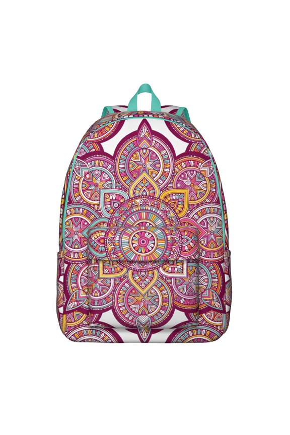 Artistic Mandala School Backpack for Women, Ethnic Boho Folk Style Canvas Daypack with Sacred Ornament Pattern