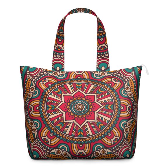 Artistic Meditation Mala Duffel Trippy Geometric Travel Tote Bag with Psychedelic Ornament Design, Healing Emotional Balance Inspired