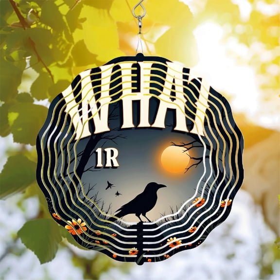 Artistic Metal Hanging Wind Spinner with Crow Silhouette Concentric Wave Pattern Night Sky Design - Perfect for Yard & Garden Decor