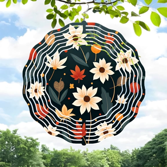 Artistic Metal Hanging Wind Spinners & Chimes - Concentric Wavy Lines with Floral & Leaf Patterns for Yard & Garden Decor