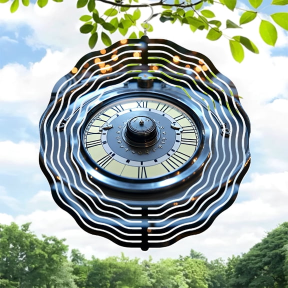 Artistic Metal Hanging Wind Spinners & Chimes for Yard - Unique Clock Design with Roman Numerals & Futuristic Wave Patterns
