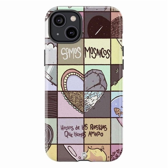 Artistic Mosaic Phone Case with Spanish Quote "Somos Mosaicos" Pastel Grid Design, Protective Cover for iPhone 16 15 14 13 12 Pro Max Mini